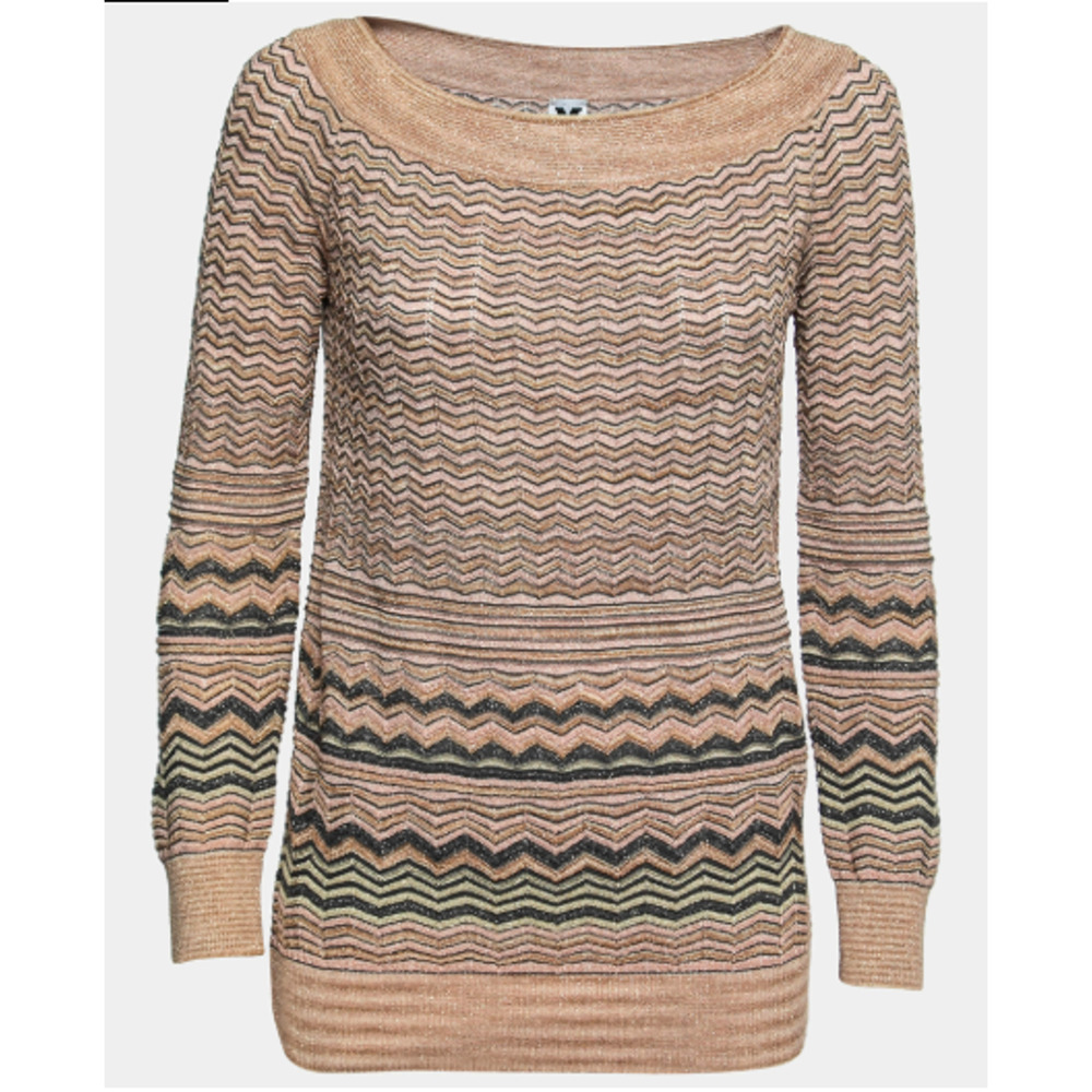 M Missoni Chevron Patterned Lurex Knit Pullover Sweater Beige/Gray Womens Size 2